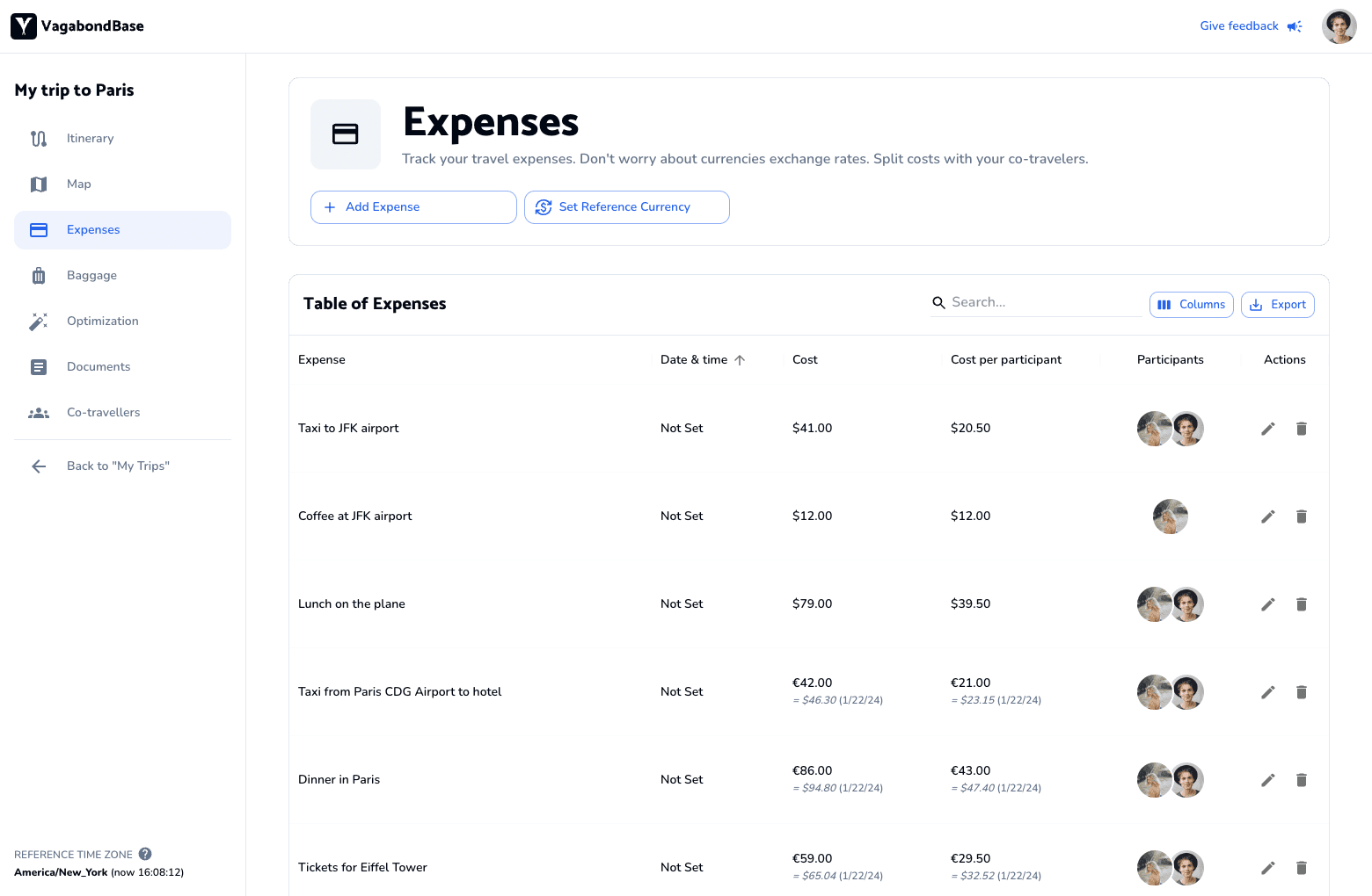 VagabondBase expenses section