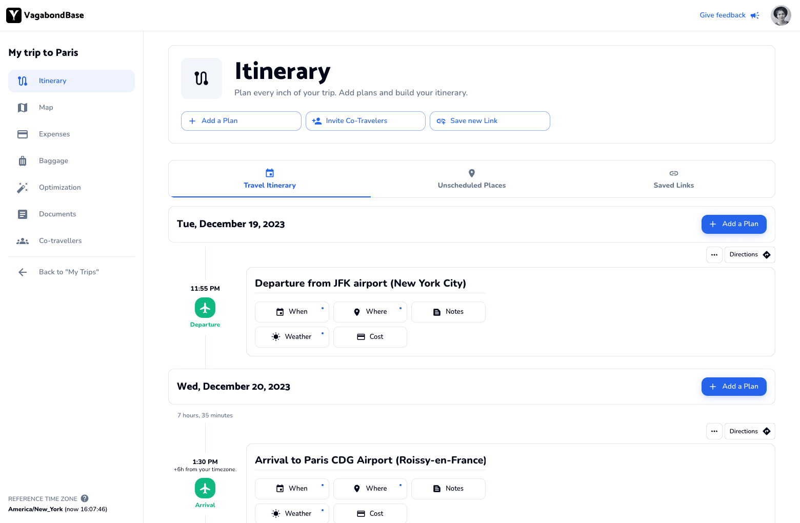 VagabondBase itinerary section