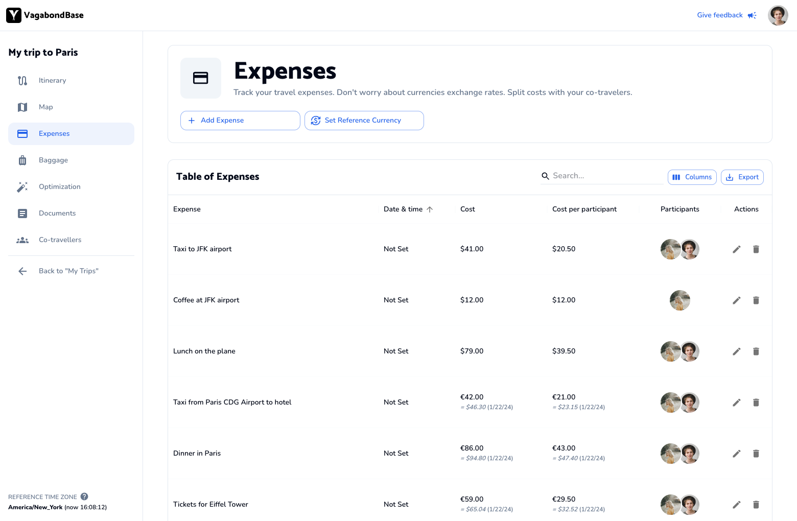 VagabondBase expenses section